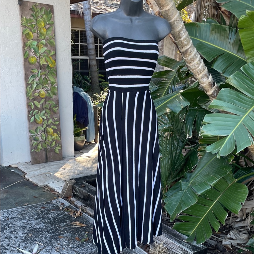 Silver, white and black striped convertible tube top dress or drop waist slit